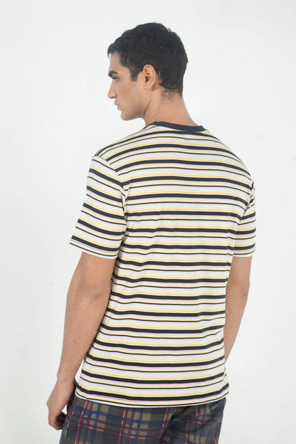 Jockey men's striped T-shirt with crew neck, black, white, and yellow back view