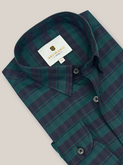 Green plaid 100% cotton shirt close-up of collar and front buttons