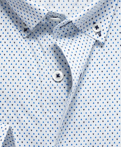 Blue-triangle patterned fitted shirt close-up of spread collar and button placket