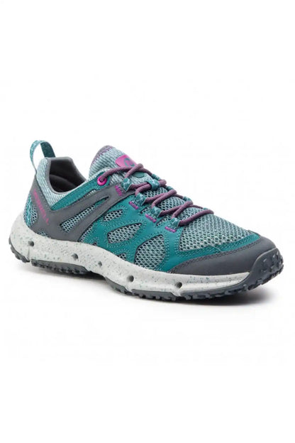 Merrell teal trail shoe with gray sole, purple laces, mesh upper