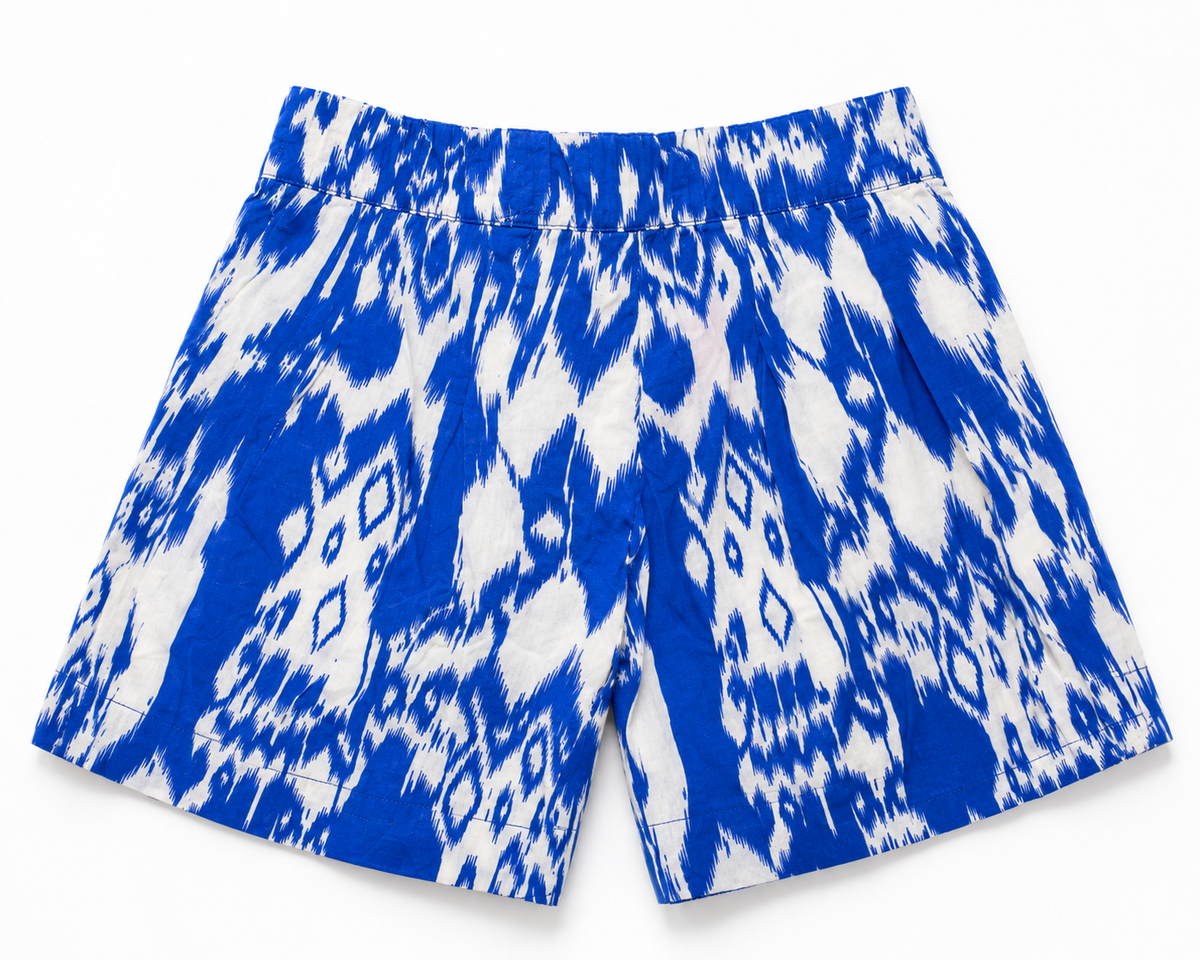 Blue and white ikat-print toddler shorts with elastic waistband