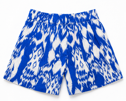 Blue and white ikat-print toddler shorts with elastic waistband