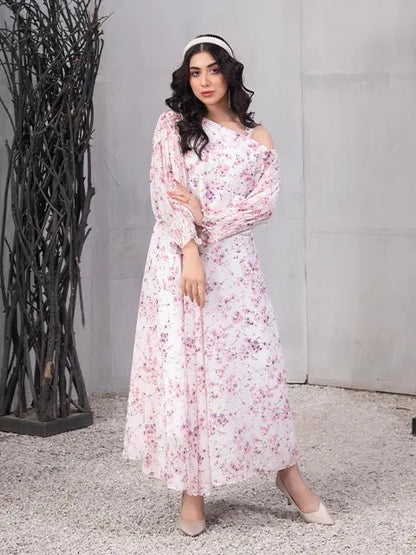 Pink floral long-sleeve midi dress with off-shoulder neckline and gathered waist