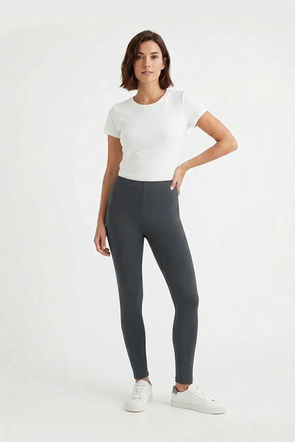Slate gray slim-fit pants with elastic waistband, worn with white crew-neck T-shirt