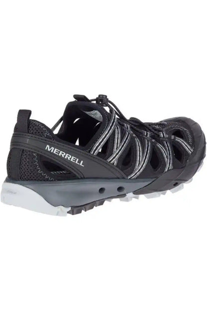 Merrell black trail running shoe side view, lace-up with cushioned sole