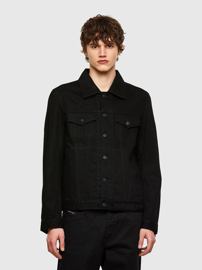 Diesel black denim jacket with button front and pointed collar