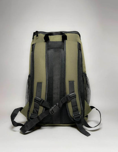 Olive mini backpack back view with adjustable straps, padded panel, and mesh pockets