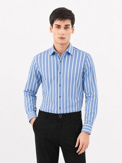 Men's light blue striped cotton button-up shirt with long sleeves, front buttons