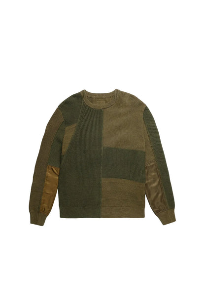 Diesel green patchwork crewneck sweater, long sleeves with contrasting knit panels