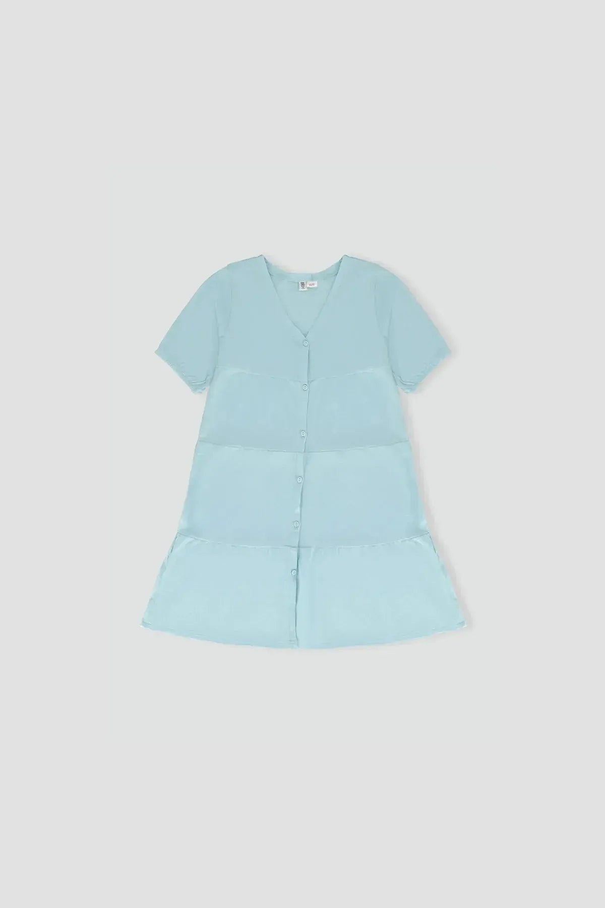 Sky blue girls' short-sleeve tiered dress with button front and V-neck