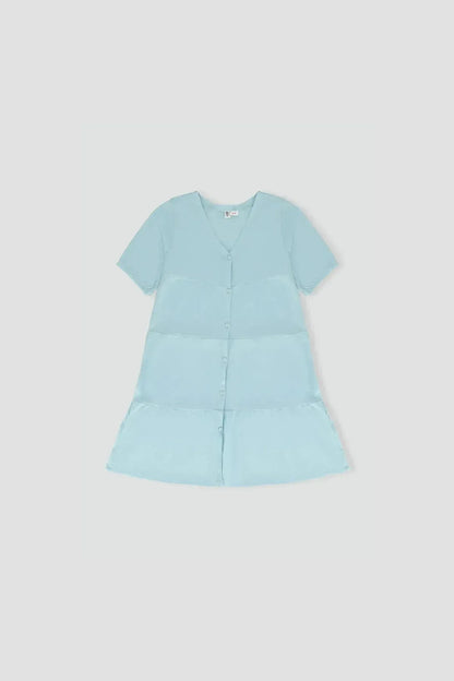 Sky blue girls' short-sleeve tiered dress with button front and V-neck