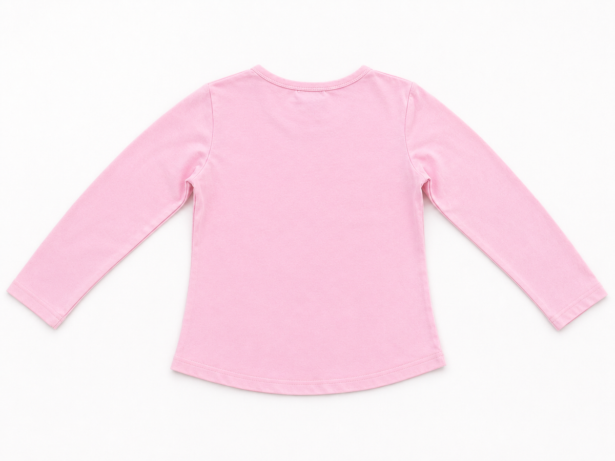 Pink long-sleeve top, plain back with rounded crew neck