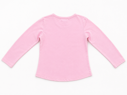 Pink long-sleeve top, plain back with rounded crew neck