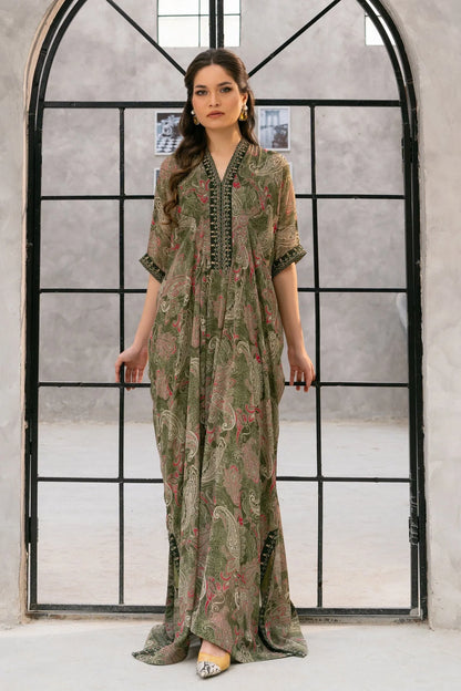 Velour maxi dress, olive green with red paisley print, V-neck and half sleeves.