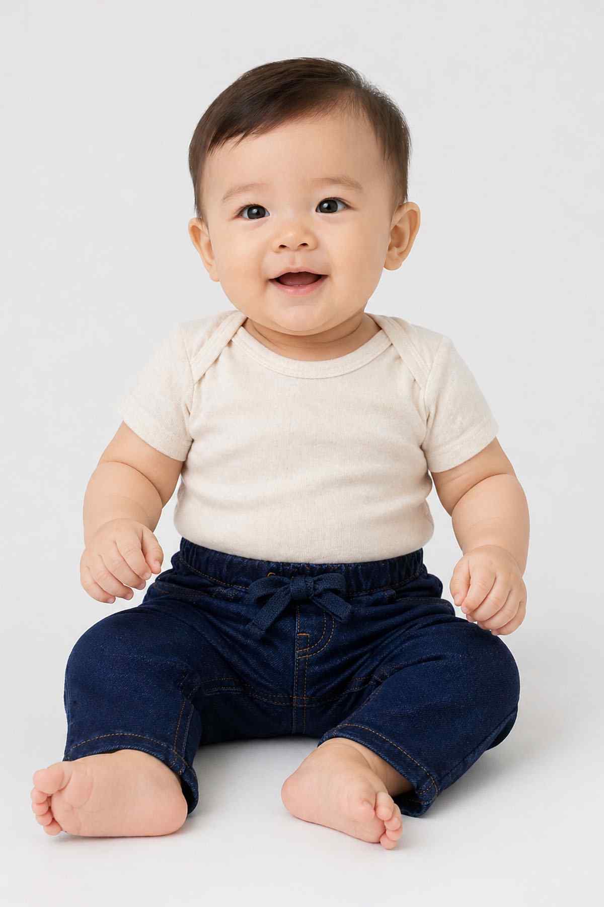 Baby denim pants in dark blue with bow-tie elastic waist and cuff hems
