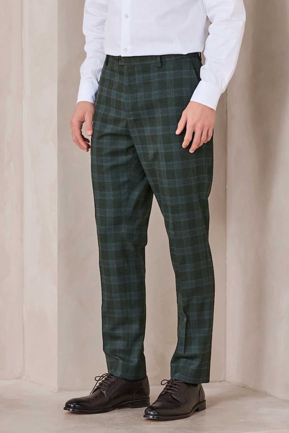 Men's green plaid suit trousers with straight legs and side pockets