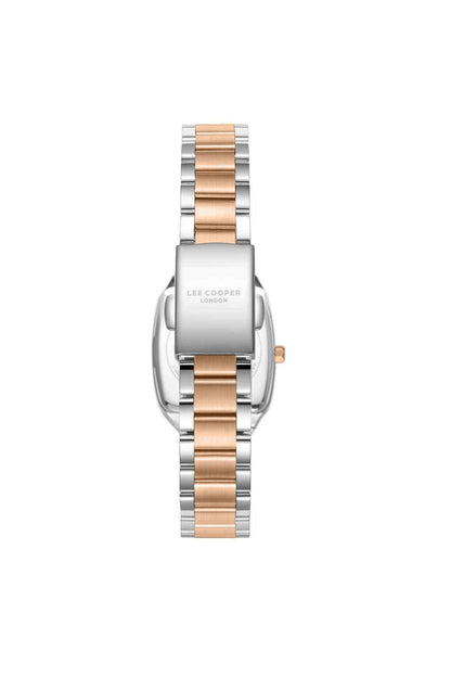 Silver and rose gold metal wristwatch with crown and rectangular strap links