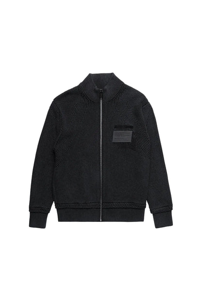 Black knit zip-up jacket with stand collar, full front zipper, chest patch