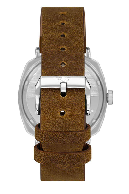 BHPC watch with camel leather strap, metal clasp, and round caseback view