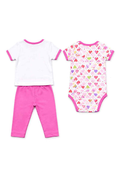 Flat lay: white/pink short set with pants and pink heart-print bodysuit