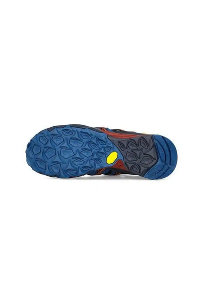 Merrell trail shoes outsole tread, blue rubber with yellow traction detail
