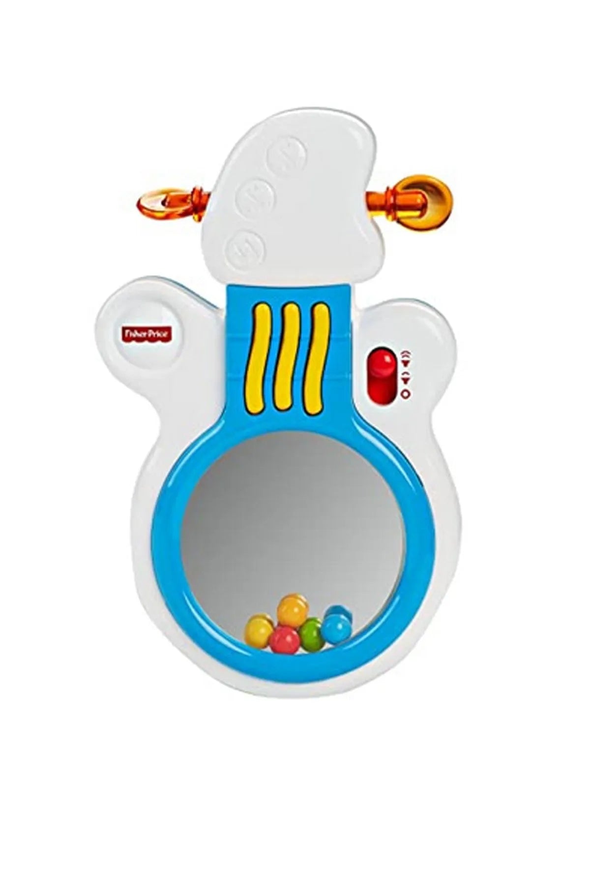 Baby toy guitar with blue frame, yellow button bars, and colorful bead compartment