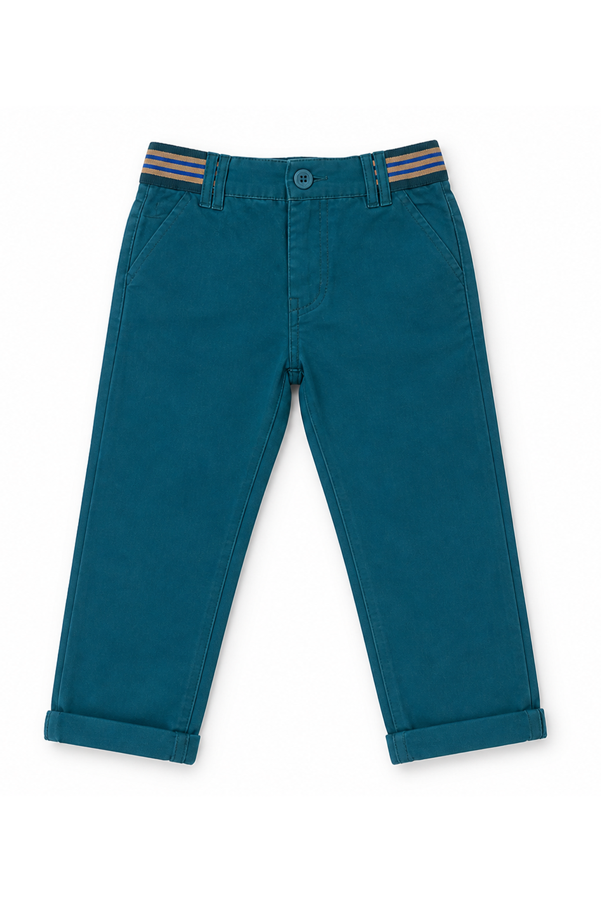 Teal kids chino pants with striped waistband trim and front pockets
