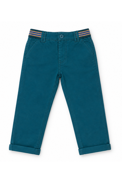 Teal kids chino pants with striped waistband trim and front pockets