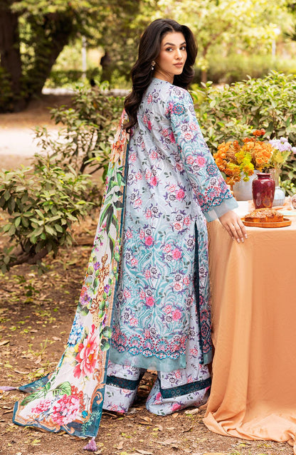 Floral printed long dress with flowing dupatta and long sleeves, light grey