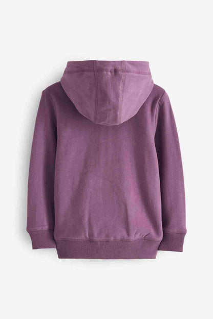 Purple hooded sweatshirt, back view