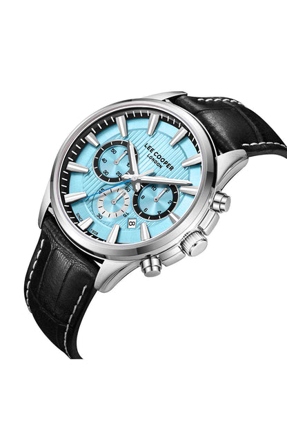 Lee Cooper wristwatch with black leather strap, light blue multi-dial chronograph