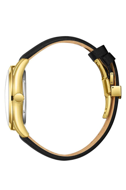 BHPC wristwatch side profile, black leather strap with gold-tone crown and case