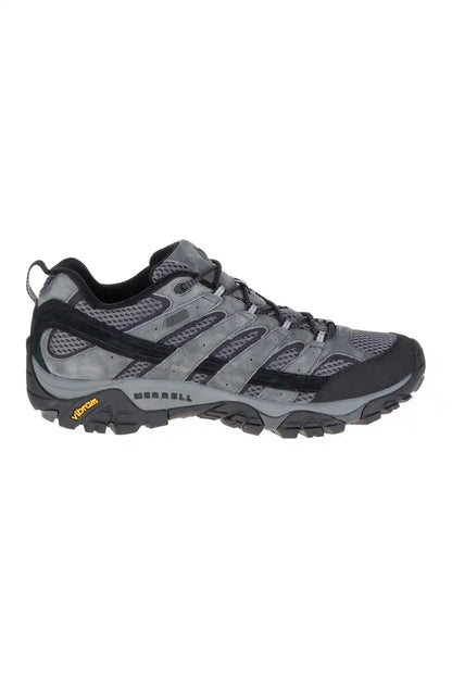 Merrell granite gray trail shoe with black laces and rugged tread sole