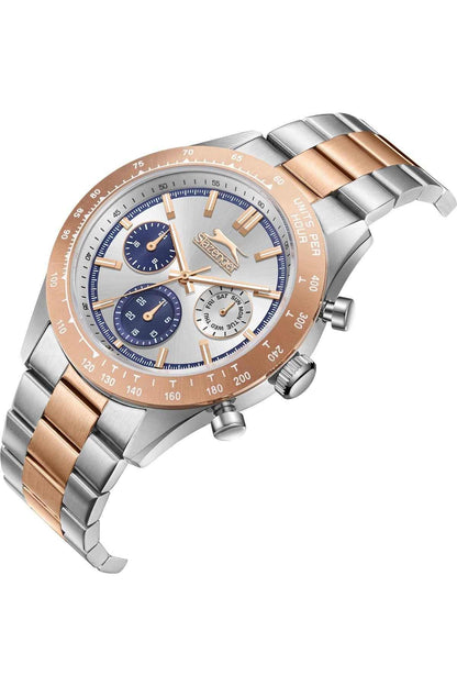 Silver and rose-gold chronograph watch with blue dial, gold bezel, and metal bracelet links