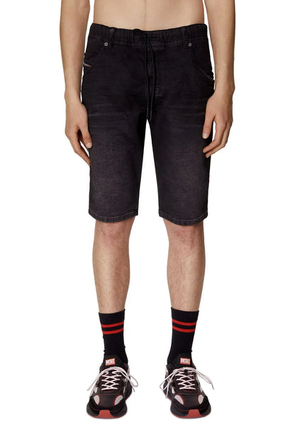 Diesel black denim shorts with elastic waistband and knee-length cut
