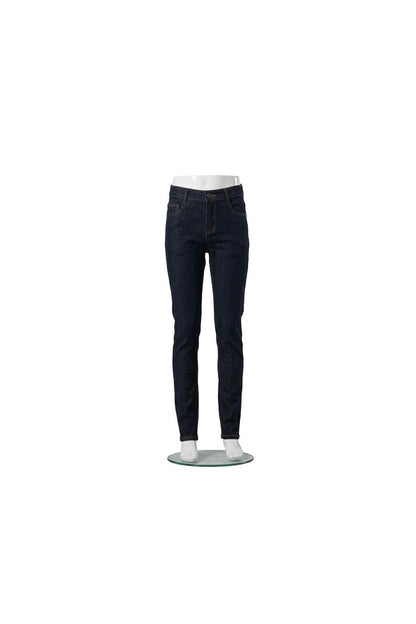 Dark blue slim jeans with zipper fly, five pockets, and belt loops
