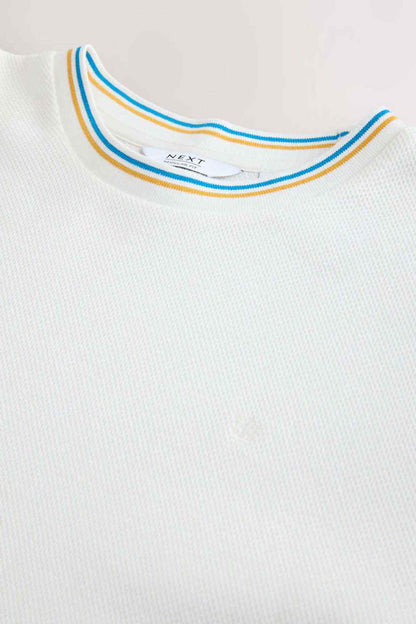 Ecru ribbed crew-neck T-shirt with yellow and blue contrast stripe trim