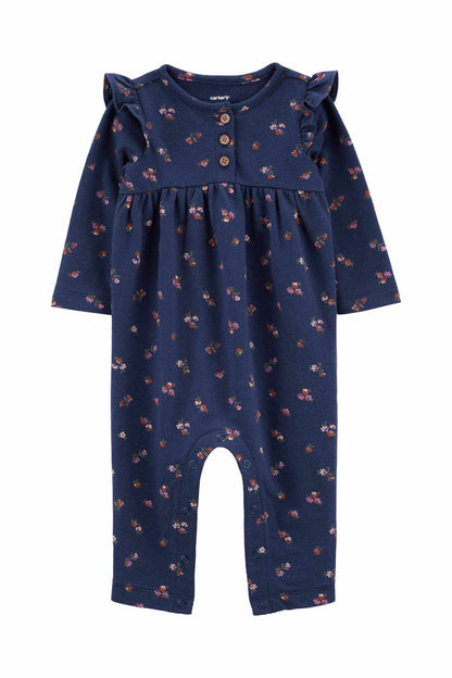 CARTER'S navy floral ruffle-sleeve button romper, long sleeves and snap legs