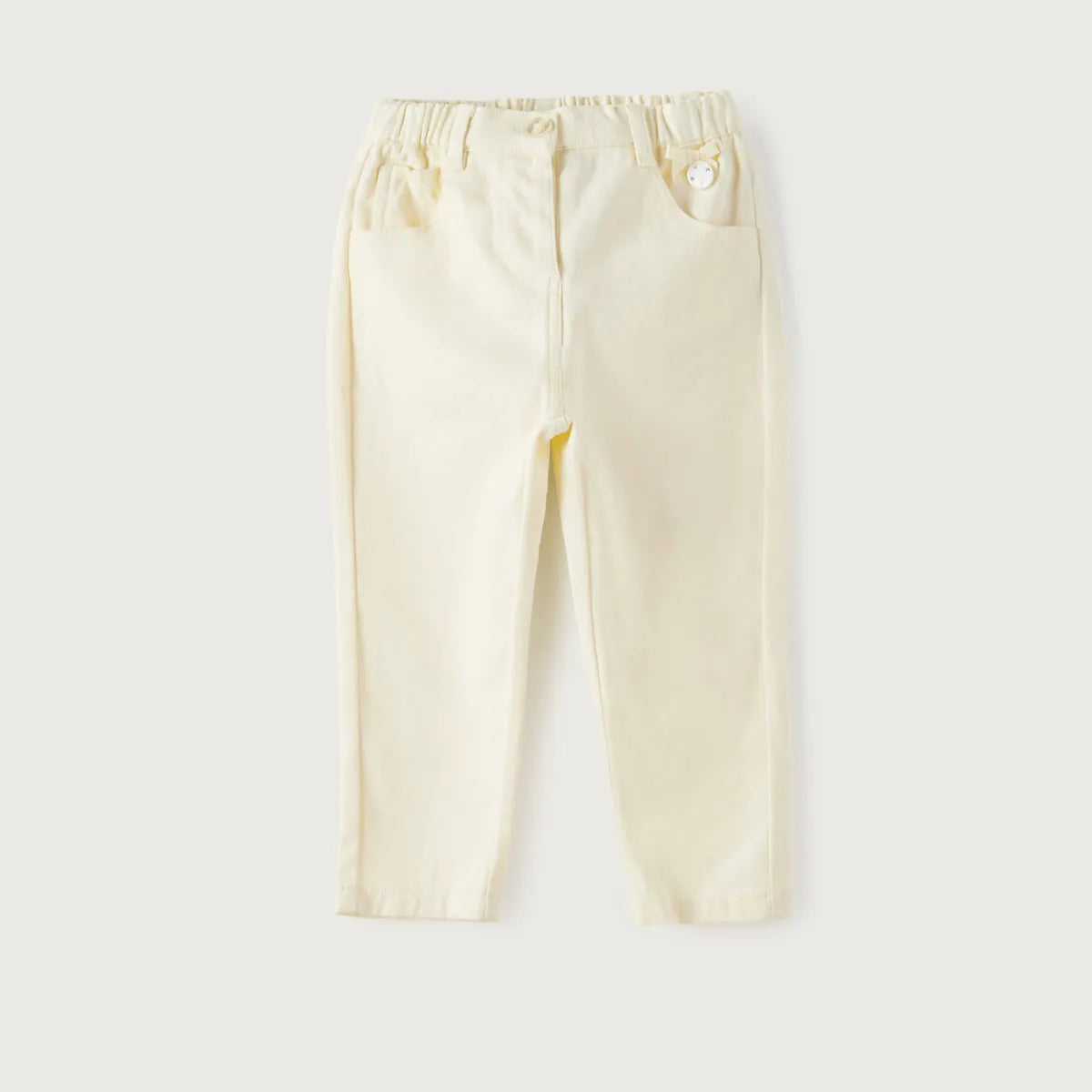 Yellow baby pants with elastic waistband and front button detail