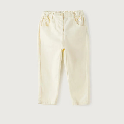 Yellow baby pants with elastic waistband and front button detail