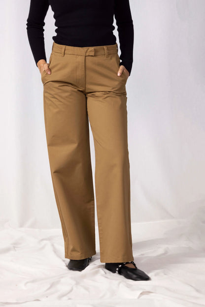 Camel straight-leg pants with front crease and side pockets