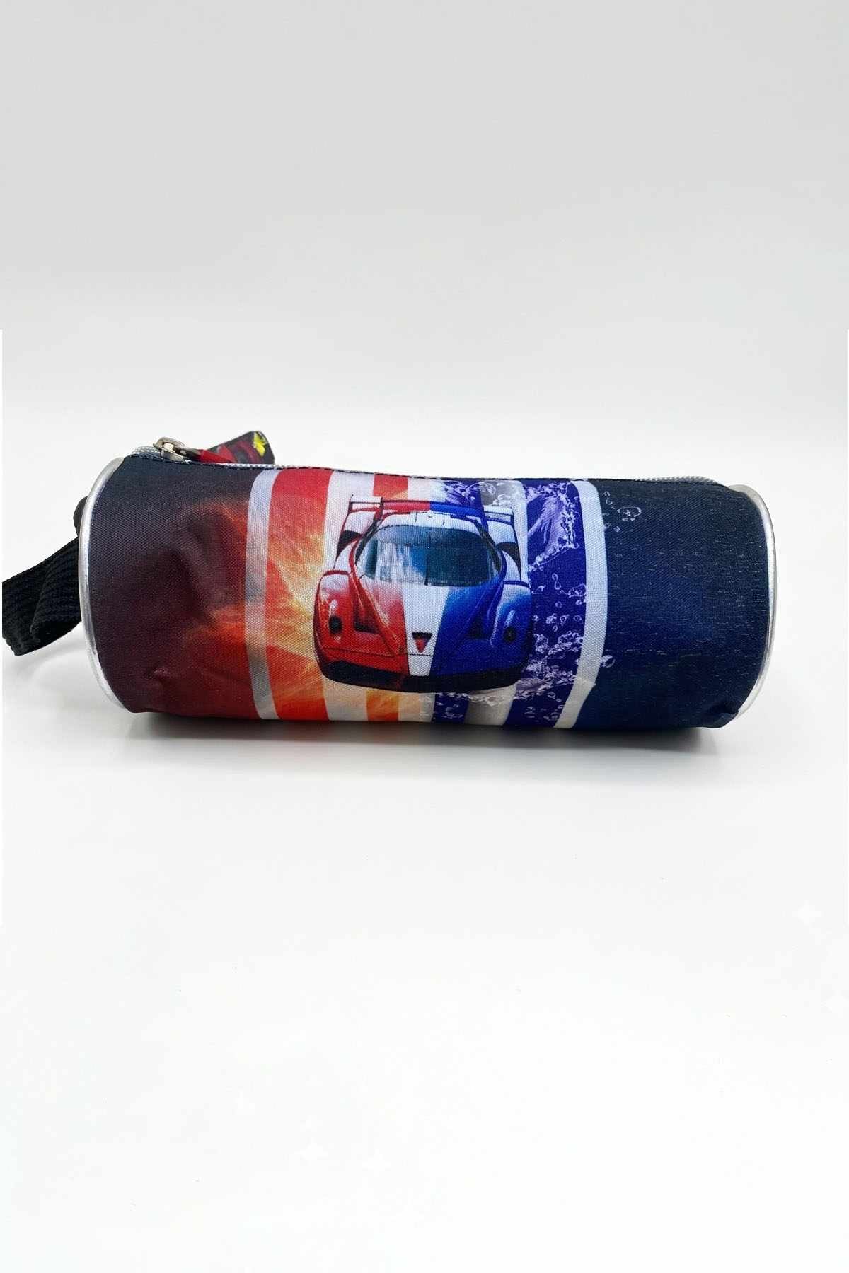Dark navy cylindrical pouch, horizontal view, zipper closure and sports car graphic