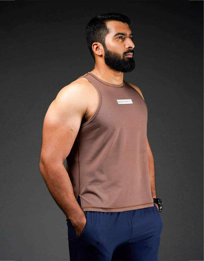 Bodybrics men's taupe sleeveless tank top with crew neck and chest logo patch
