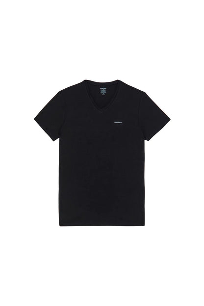 Front-facing black V-neck T-shirt with small chest logo, short sleeves