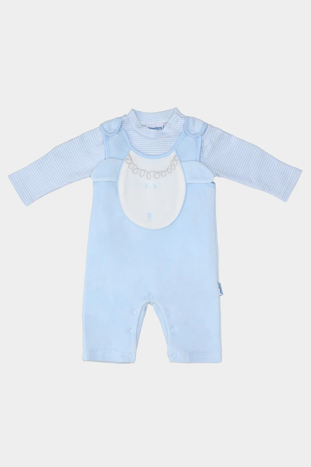 BABYSHOP light blue striped long-sleeve romper with white bib front