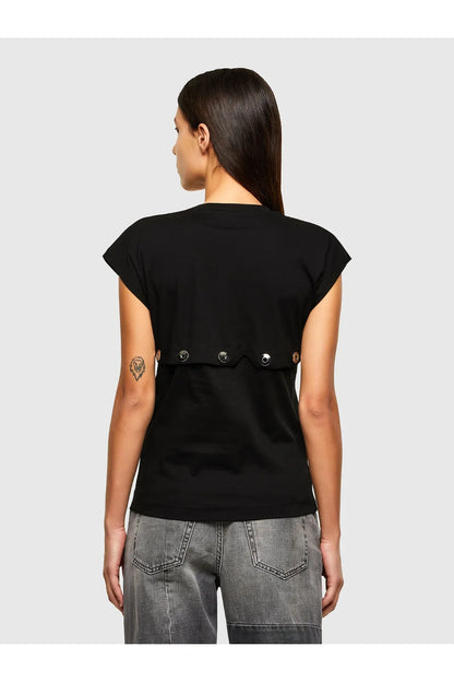 Black short-sleeve T-shirt back with metal button strap detail