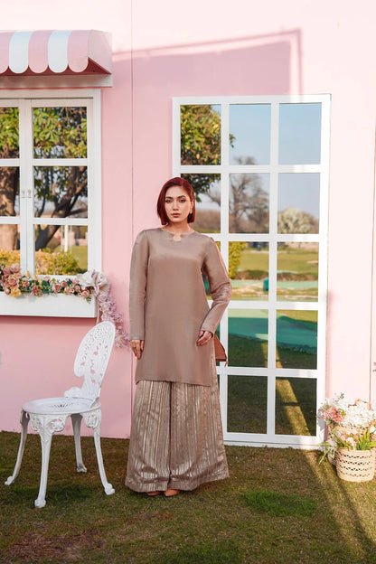 Taupe long tunic with round neckline and shimmery pleated pants, standing full body