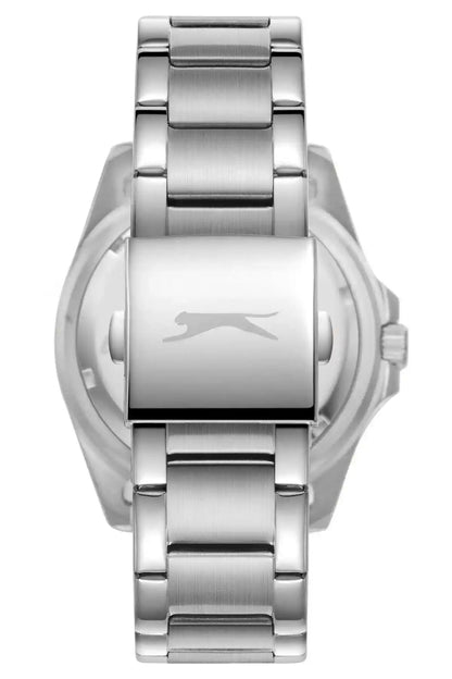 SLAZENGER silver wristwatch side view with engraved logo on case and metal band