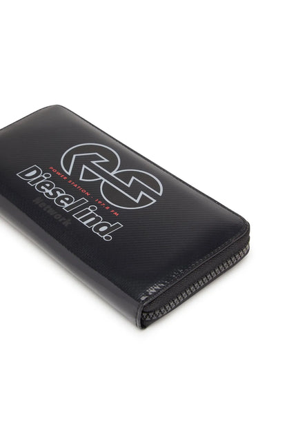 Black wallet with embossed logo on front and zip-top edge