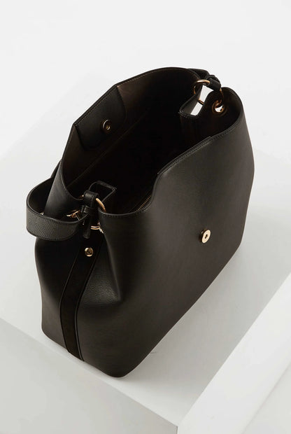Black hobo bag with open top, dark lining, and side strap hardware rings